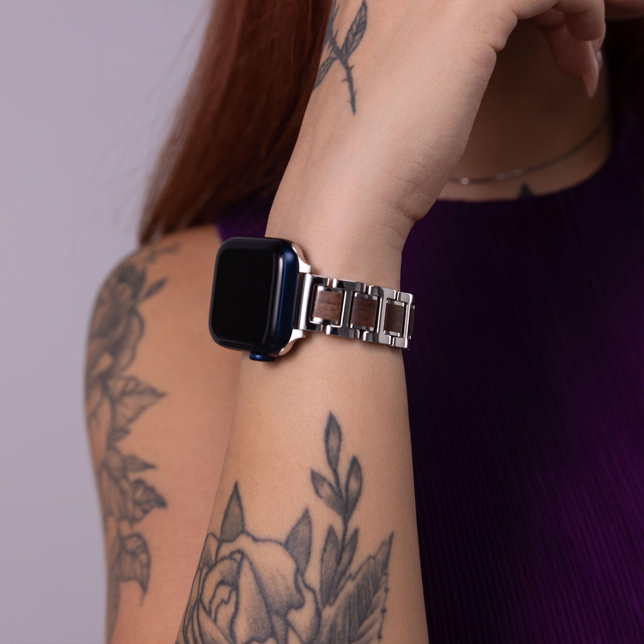NaturaGlow Apple-Watch-Armbänder für Damen, Holz-Stahl-Mix